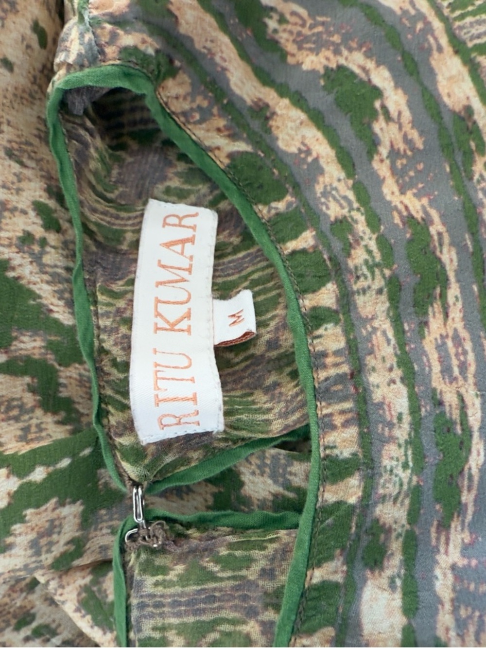 307. Ritu Kumar Paisley Midi Dress in Earthy Olive and Tan - Picture 2 of 8